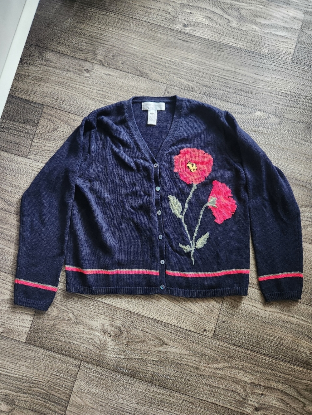 Jones New York Sport Vintage Floral Embroidered Cotton Navy Cardigan Size Large